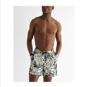 Express Printed Elastic Waist Swim Trunks - Large